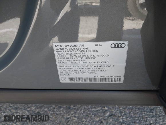 2024 Audi Q8 e-tron z VIN WA15ABGE8RB055999, wystawiony jako IAAI lot #41759410 z przebiegiem 8 972 mil mil oraz . Historia ofert i sprzedaży dostępna na DreamBid. Obrazek 9.