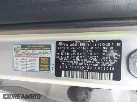 2020 Kia Sorento LX V6 with VIN 5XYPGDA50LG619045, listed as a IAAI auction lot 41520510 with 124,870 mi miles. Bid and sale history available at carsss.com. Image 9.