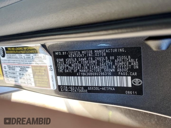 2008 Toyota Avalon XL z VIN 4T1BK36B68U296316, wystawiony jako Copart lot #43240775 z przebiegiem 174 726 mil mil oraz Szkoda całkowita • Salvage title. Historia ofert i sprzedaży dostępna na DreamBid. Obrazek 14.