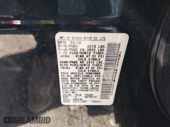 2016 Infiniti QX70 with VIN JN8CS1MW9GM752735, listed as a IAAI auction lot 41271197 with 165,269 mi miles and . Bid and sale history available at DreamBid. Image 9.