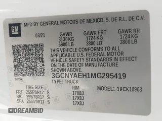 2021 Chevrolet Silverado 1500 with VIN 3GCNYAEH1MG295419, listed as a IAAI auction lot 42064514 with Not Provided miles and . Bid and sale history available at DreamBid. Image 9.