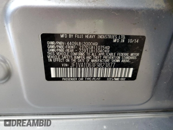 2015 Subaru WRX Premium z VIN JF1VA1D63F9823877, wystawiony jako Copart lot #60636005 z przebiegiem 202 303 mil mil oraz Szkoda całkowita • Salvage title. Historia ofert i sprzedaży dostępna na DreamBid. Obrazek 13.