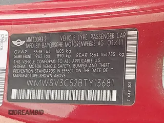 2011 MINI Hardtop S with VIN WMWSV3C52BTY13681, listed as a IAAI auction lot 41472000 with 105,754 mi miles and . Bid and sale history available at DreamBid. Image 9.