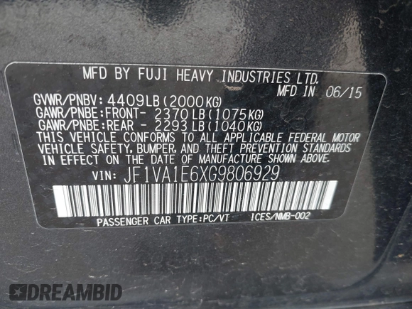 2016 Subaru WRX Premium with VIN JF1VA1E6XG9806929, listed as a IAAI auction lot 41567283 with 142,327 mi miles. Bid and sale history available at carsss.com. Image 9.