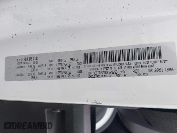 2019 Ram ProMaster Cargo with VIN 3C6TRVNG9KE509253, listed as a IAAI auction lot 41424531 with 47,517 mi miles and . Bid and sale history available at DreamBid. Image 9.