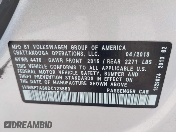 2013 Volkswagen Passat SE z VIN 1VWBP7A38DC123553, wystawiony jako IAAI lot #42341621 z przebiegiem 178 504 mil mil oraz . Historia ofert i sprzedaży dostępna na DreamBid. Obrazek 9.