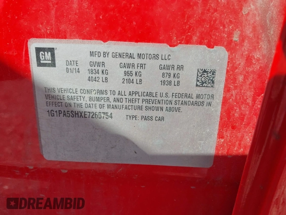 2014 Chevrolet Cruze LS z VIN 1G1PA5SHXE7265754, wystawiony jako IAAI lot #42343676 z przebiegiem 102 011 mil mil oraz . Historia ofert i sprzedaży dostępna na DreamBid. Obrazek 9.