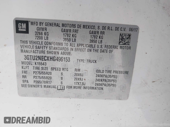 2017 GMC Sierra 1500 SLT z VIN 3GTU2NECXHG496153, wystawiony jako IAAI lot #41787068 z przebiegiem 115 091 mil mil oraz . Historia ofert i sprzedaży dostępna na DreamBid. Obrazek 9.