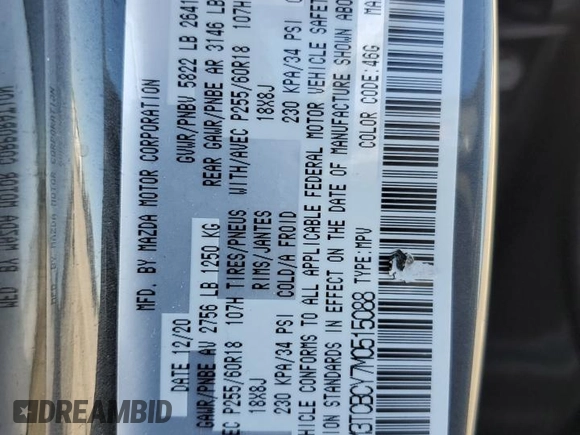 2021 Mazda CX-9 Touring with VIN JM3TCBCY7M0515088, listed as a Copart auction lot 53481665 with 66,381 mi miles and Salvage title. Bid and sale history available at DreamBid. Image 14.