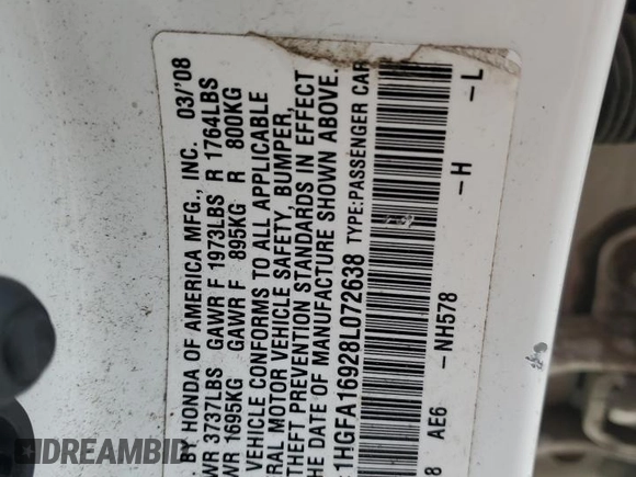 2008 Honda Civic EX-L z VIN 1HGFA16928L072638, wystawiony jako Copart lot #54352565 z przebiegiem 122 038 mil mil oraz Szkoda całkowita • Salvage title. Historia ofert i sprzedaży dostępna na DreamBid. Obrazek 12.