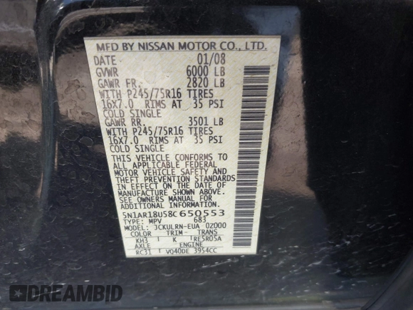 2008 Nissan Pathfinder SE with VIN 5N1AR18U58C650553, listed as a IAAI auction lot 41473775 with 227,791 mi miles. Bid and sale history available at carsss.com. Image 9.