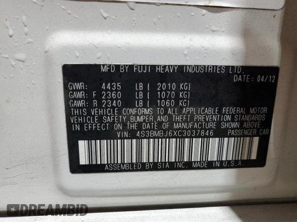 2012 Subaru Legacy Limited with VIN 4S3BMBJ6XC3037846, listed as a Copart auction lot 56510535 with 154,541 mi miles and Salvage title. Bid and sale history available at DreamBid. Image 12.