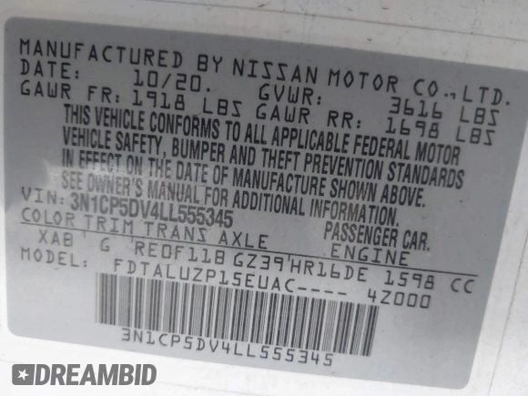 2020 Nissan Kicks SR with VIN 3N1CP5DV4LL555345, listed as a IAAI auction lot 41583234 with 68,864 mi miles and . Bid and sale history available at DreamBid. Image 9.
