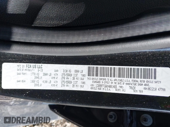 2019 Ram 1500 Big Horn/Lone Star with VIN 1C6RRFFG6KN881465, listed as a IAAI auction lot 41737348 with 80,110 mi miles. Bid and sale history available at carsss.com. Image 9.