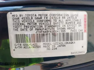 2003 Lexus SC 430 с VIN JTHFN48YX30041395, выставлен на аукционе IAAI как лот 41541144 с пробегом 121 316 миль миль и . История ставок и продаж доступна на DreamBid. Изображение 9.