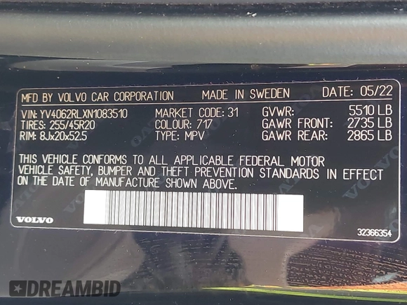 2022 Volvo XC60 Inscription с VIN YV4062RLXN1083510, выставлен на аукционе IAAI как лот 41739629 с пробегом 34 627 миль миль и . История ставок и продаж доступна на DreamBid. Изображение 9.