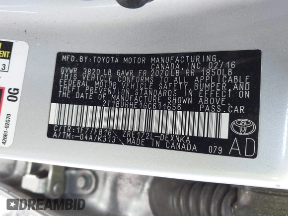 2016 Toyota Corolla L with VIN 2T1BURHE1GC611656, listed as a IAAI auction lot 42024821 with 161,955 mi miles and . Bid and sale history available at DreamBid. Image 9.