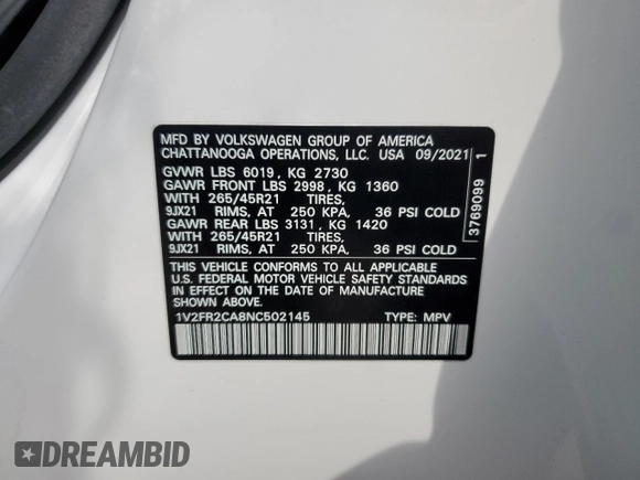 2022 Volkswagen Atlas SEL Premium R-Line with VIN 1V2FR2CA8NC502145, listed as a Copart auction lot 64388755 with Not provided miles and Salvage title. Bid and sale history available at DreamBid. Image 12.