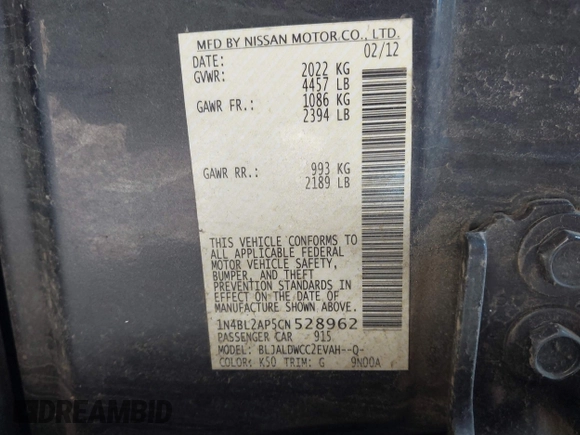 2012 Nissan Altima SR with VIN 1N4BL2AP5CN528962, listed as a IAAI auction lot 41747055 with 131,357 mi miles and . Bid and sale history available at DreamBid. Image 9.
