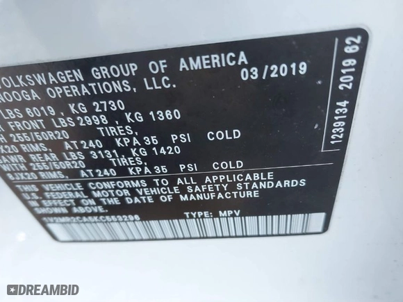 2019 Volkswagen Atlas 3.6L V6 SEL with VIN 1V2MR2CA5KC553296, listed as a IAAI auction lot 41329337 with 91,041 mi miles. Bid and sale history available at carsss.com. Image 9.