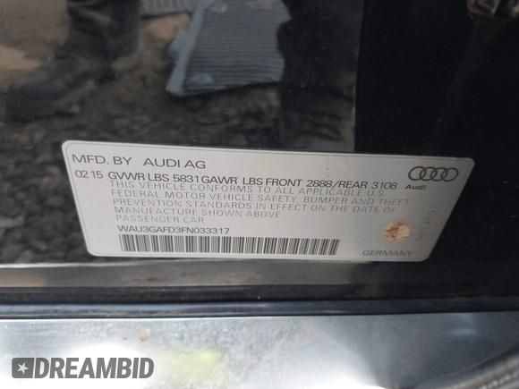 2015 Audi A8 3.0T with VIN WAU3GAFD3FN033317, listed as a IAAI auction lot 41854277 with 81,862 mi miles and . Bid and sale history available at DreamBid. Image 9.