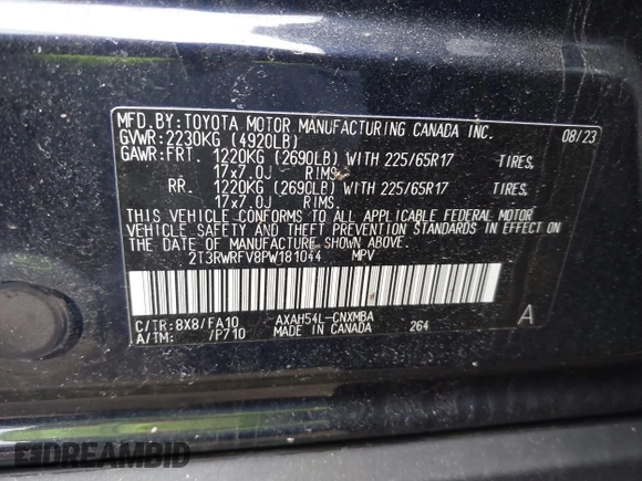 2023 Toyota RAV4 Hybrid XLE with VIN 2T3RWRFV8PW181044, listed as a IAAI auction lot 41629539 with 22,905 mi miles. Bid and sale history available at carsss.com. Image 9.