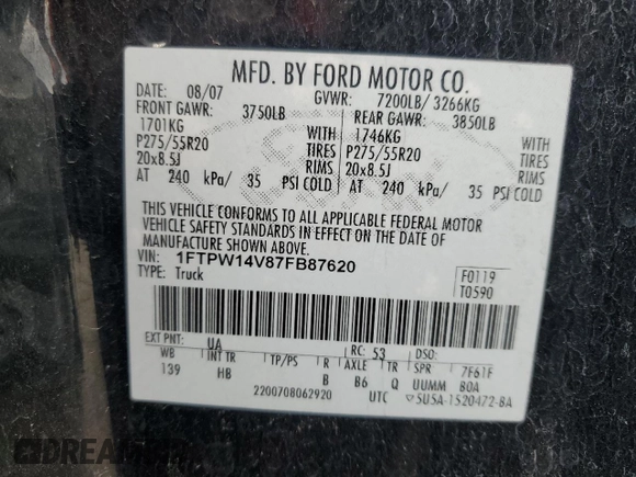 2007 Ford F-150 XLT with VIN 1FTPW14V87FB87620, listed as a Copart auction lot 51281844 with 0 mi miles and Salvage Title. Bid and sale history available at carsss.com. Image 13.