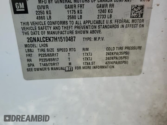 2017 Chevrolet Equinox LT with VIN 2GNALCEK7H1510487, listed as a Copart auction lot 54794995 with 184,547 mi miles and Clean Title. Bid and sale history available at carsss.com. Image 13.