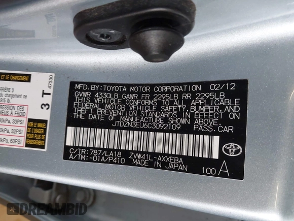 2012 Toyota Prius Two with VIN JTDZN3EU6C3092109, listed as a IAAI auction lot 41970469 with 146,840 mi miles and . Bid and sale history available at DreamBid. Image 9.