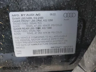 2022 Audi Q5 S line Premium Plus with VIN WA1EAAFY1N2121311, listed as a IAAI auction lot 41389178 with 45,326 mi miles. Bid and sale history available at carsss.com. Image 9.