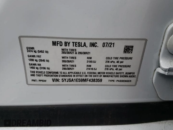 2021 Tesla Model S Long Range z VIN 5YJSA1E59MF438359, wystawiony jako Copart lot #57794325 z przebiegiem 31 651 mil mil oraz Szkoda całkowita • Salvage title. Historia ofert i sprzedaży dostępna na DreamBid. Obrazek 12.