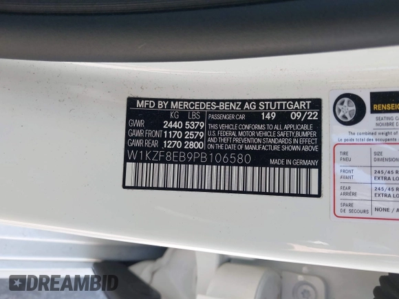 2023 Mercedes-Benz E 350 with VIN W1KZF8EB9PB106580, listed as a IAAI auction lot 42039282 with 38,000 mi miles and . Bid and sale history available at DreamBid. Image 9.