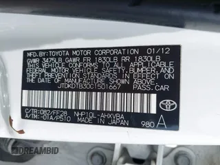 2012 Toyota Prius One with VIN JTDKDTB30C1501667, listed as a IAAI auction lot 42110544 with 238,728 mi miles. Bid and sale history available at carsss.com. Image 9.