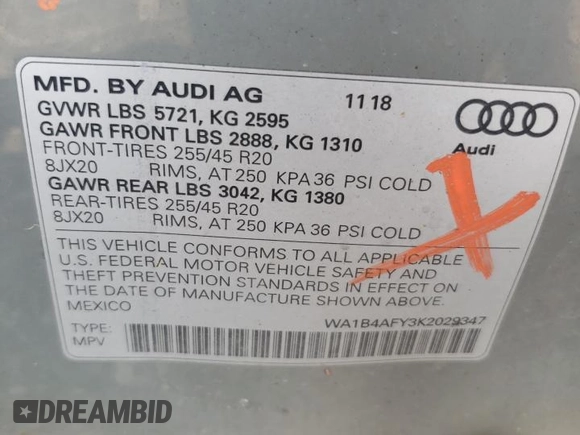 2019 Audi SQ5 Premium Plus with VIN WA1B4AFY3K2029347, listed as a Copart auction lot 65436683 with 71,505 mi miles. Bid and sale history available at carsss.com. Image 14.
