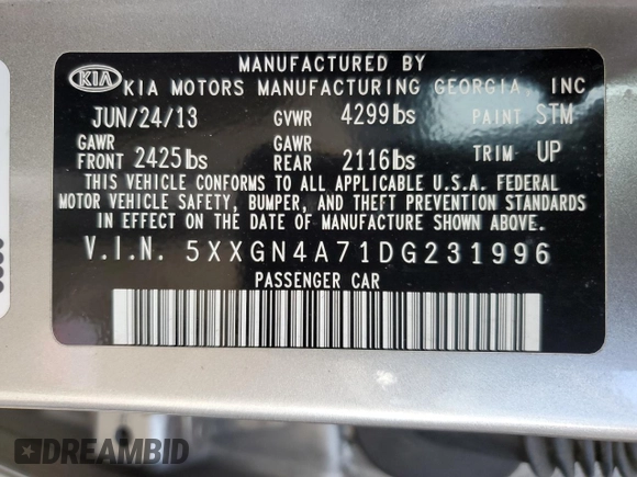 2013 Kia Optima EX с VIN 5XXGN4A71DG231996, выставлен на аукционе Copart как лот 75771594 с пробегом 135 278 миль миль и Списание • Salvage title. История ставок и продаж доступна на DreamBid. Изображение 14.