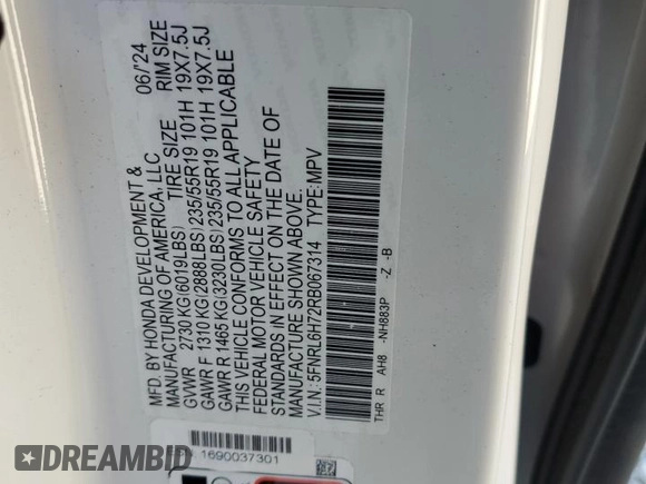 2024 Honda Odyssey Sport with VIN 5FNRL6H72RB067314, listed as a Copart auction lot 50687805 with 20,805 mi miles and Salvage Title. Bid and sale history available at DreamBid. Image 16.
