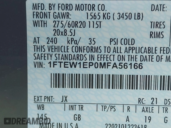 2021 Ford F-150 XL with VIN 1FTEW1EP0MFA56166, listed as a IAAI auction lot 41858793 with 48,498 mi miles and . Bid and sale history available at DreamBid. Image 9.