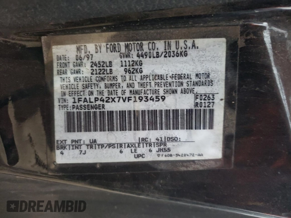 1997 Ford Mustang GT with VIN 1FALP42X7VF193459, listed as a Copart auction lot 57617454 with 101,153 mi miles and Non repairable. Bid and sale history available at DreamBid. Image 12.