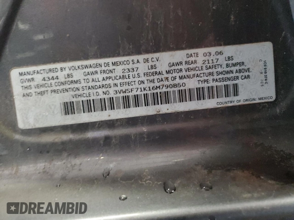 2006 Volkswagen Jetta 2.5L with VIN 3VWSF71K16M790850, listed as a Copart auction lot 85517484 with 117,423 mi miles and Salvage title. Bid and sale history available at DreamBid. Image 12.