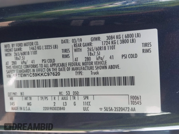 2019 Ford F-150 XL with VIN 1FTEW1C59KKC97620, listed as a IAAI auction lot 42395888 with 71,737 mi miles and . Bid and sale history available at DreamBid. Image 9.