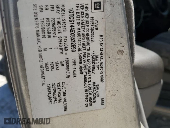 1999 GMC Sonoma with VIN 1GTCS1445X8532690, listed as a Copart auction lot 49197265 with Not Provided miles and Salvage Title. Bid and sale history available at DreamBid. Image 13.