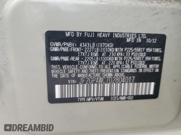 2013 Subaru Crosstrek Premium с VIN JF2GPAWC7D2804017, выставлен на аукционе Copart как лот 58348765 с пробегом 200 397 миль миль и Списание • Salvage title. История ставок и продаж доступна на DreamBid. Изображение 13.