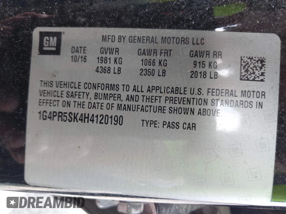 2017 Buick Verano Sport Touring with VIN 1G4PR5SK4H4120190, listed as a IAAI auction lot 41997792 with 88,321 mi miles. Bid and sale history available at carsss.com. Image 9.