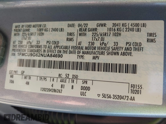 2022 Ford Escape SE with VIN 1FMCU9G62NUA84690, listed as a IAAI auction lot 41813162 with 76,499 mi miles. Bid and sale history available at carsss.com. Image 9.
