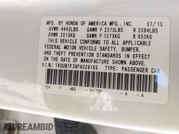 2015 Acura TLX with VIN 19UUB1F36FA028165, listed as a IAAI auction lot 42462426 with 122,080 mi miles and . Bid and sale history available at DreamBid. Image 9.