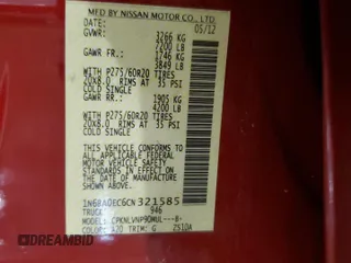 2012 Nissan Titan SV with VIN 1N6BA0EC6CN321585, listed as a Copart auction lot 80860004 with 141,092 mi miles and Salvage Title. Bid and sale history available at carsss.com. Image 12.