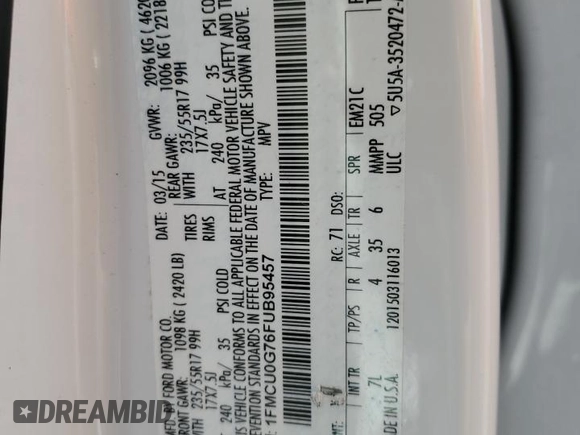 2015 Ford Escape SE with VIN 1FMCU0G76FUB95457, listed as a Copart auction lot 50342125 with 100,565 mi miles and Salvage Title. Bid and sale history available at DreamBid. Image 13.