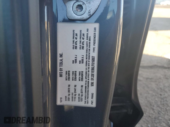 2020 Tesla Model 3 Long Range with VIN 5YJ3E1EB6LF616807, listed as a Copart auction lot 49485625 with 34,896 mi miles and Salvage Title. Bid and sale history available at carsss.com. Image 13.