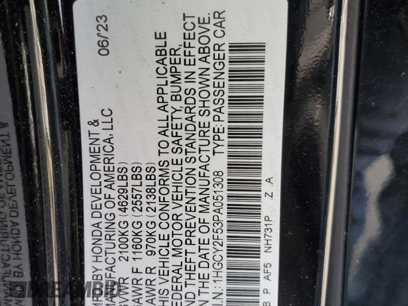 2023 Honda Accord Sport z VIN 1HGCY2F53PA051308, wystawiony jako Copart lot #53453595 z przebiegiem 22 945 mil mil oraz Szkody całkowita. Historia ofert i sprzedaży dostępna na DreamBid. Obrazek 13.