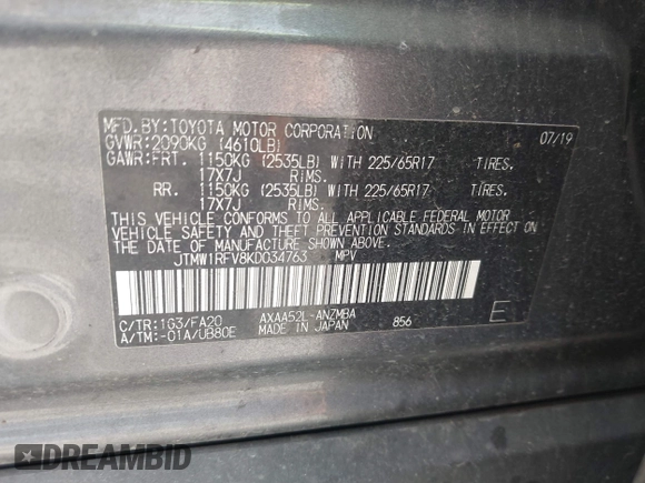 2019 Toyota RAV4 XLE with VIN JTMW1RFV8KD034763, listed as a IAAI auction lot 41783300 with 78,925 mi miles. Bid and sale history available at carsss.com. Image 9.